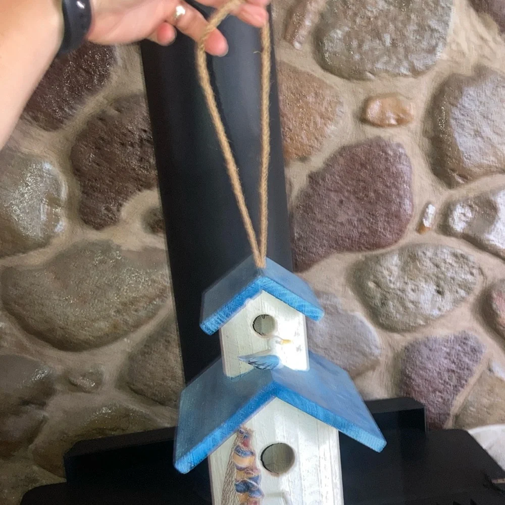 Blue and White Decorative Birdhouse with Seagull Decor